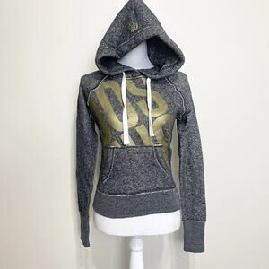 Joshua Perets Womens Waist Drawstring Hoodie Gray Sweater with Gold Print, Small